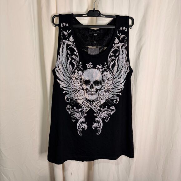 ego usa Tops - Gothic Skull Rhinestone Tank Top Lace Back Cross Bones Y2K Grunge Biker Bling 2X